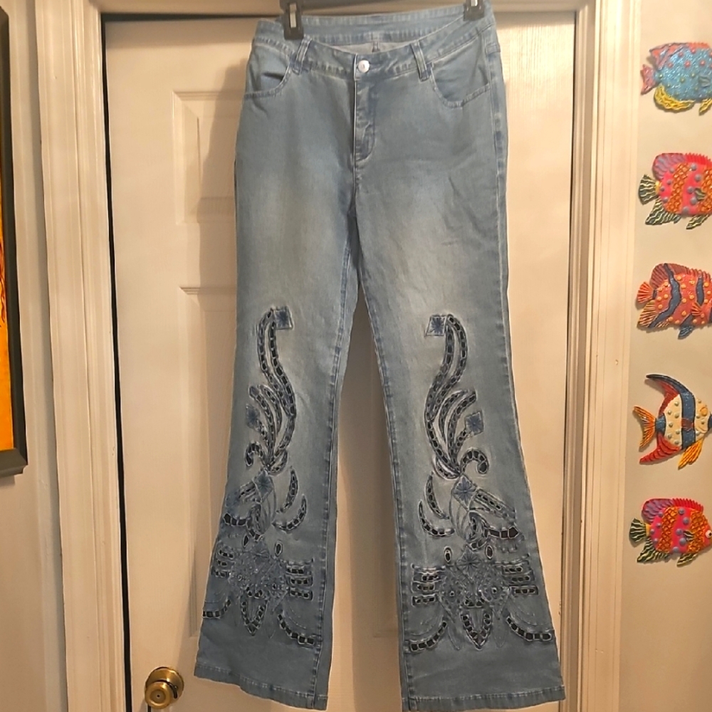 Embroidered Blue Women's Jeans Flare Western Style stretch